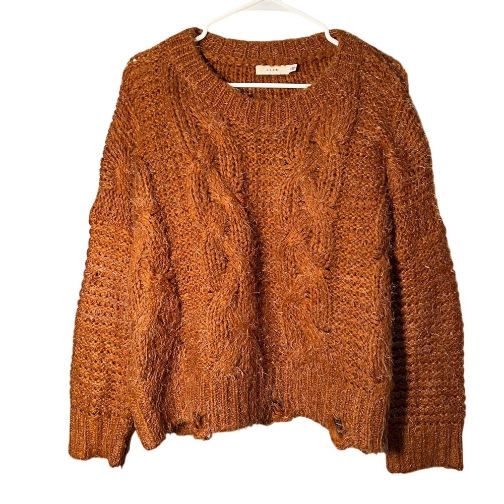 Lush‎ Women's Size Small Crewneck Sweater Distressed Cable Knit Rust Tan Orange